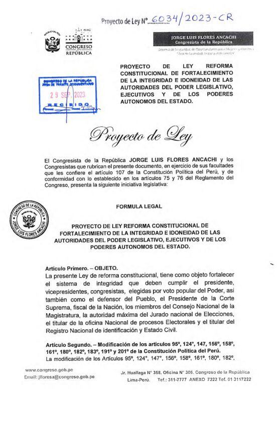 Propuesta del congresista Jorge Flores Ancachi (Acción Popular) presenta propuesta que apunta otra vez a las autoridades del sistema judicial y electoral.