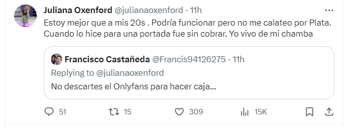 Juliana Oxenford responde a usuario que le propuso meterse a Onlyfans después de quedarse sin trabajo. Twitter