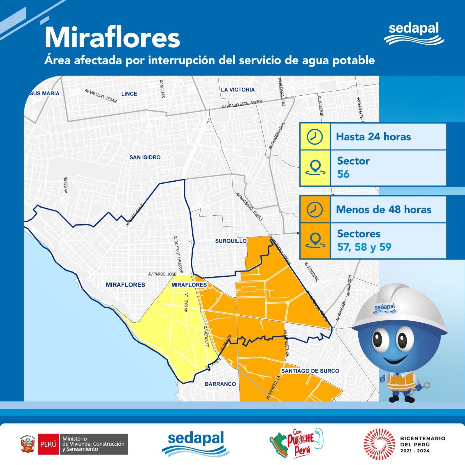 Mapa de las zonas que serán afectadas por el corte de agua en Miraflores y horarios en que se suspenderá el servicio | Crédito: Sedapal.