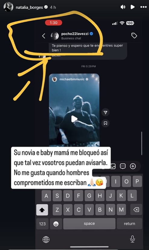 Natalia Borges expuso el mensaje que Pocho Lavezzi le habría enviado en las redes (Instagram, Natalia_Borges)