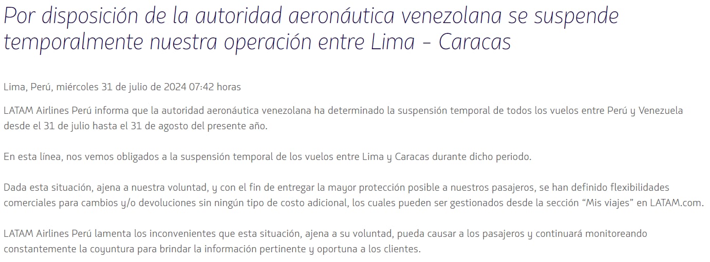 Latam Airlines anuncia la suspensión de vuelos entre Lima y Caracas. (Foto: Captura/Latam Airlines)