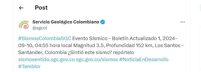 Temblor  en los Santos, Santander informa el Servicio Geológico Colombiano - crédito @sgcol