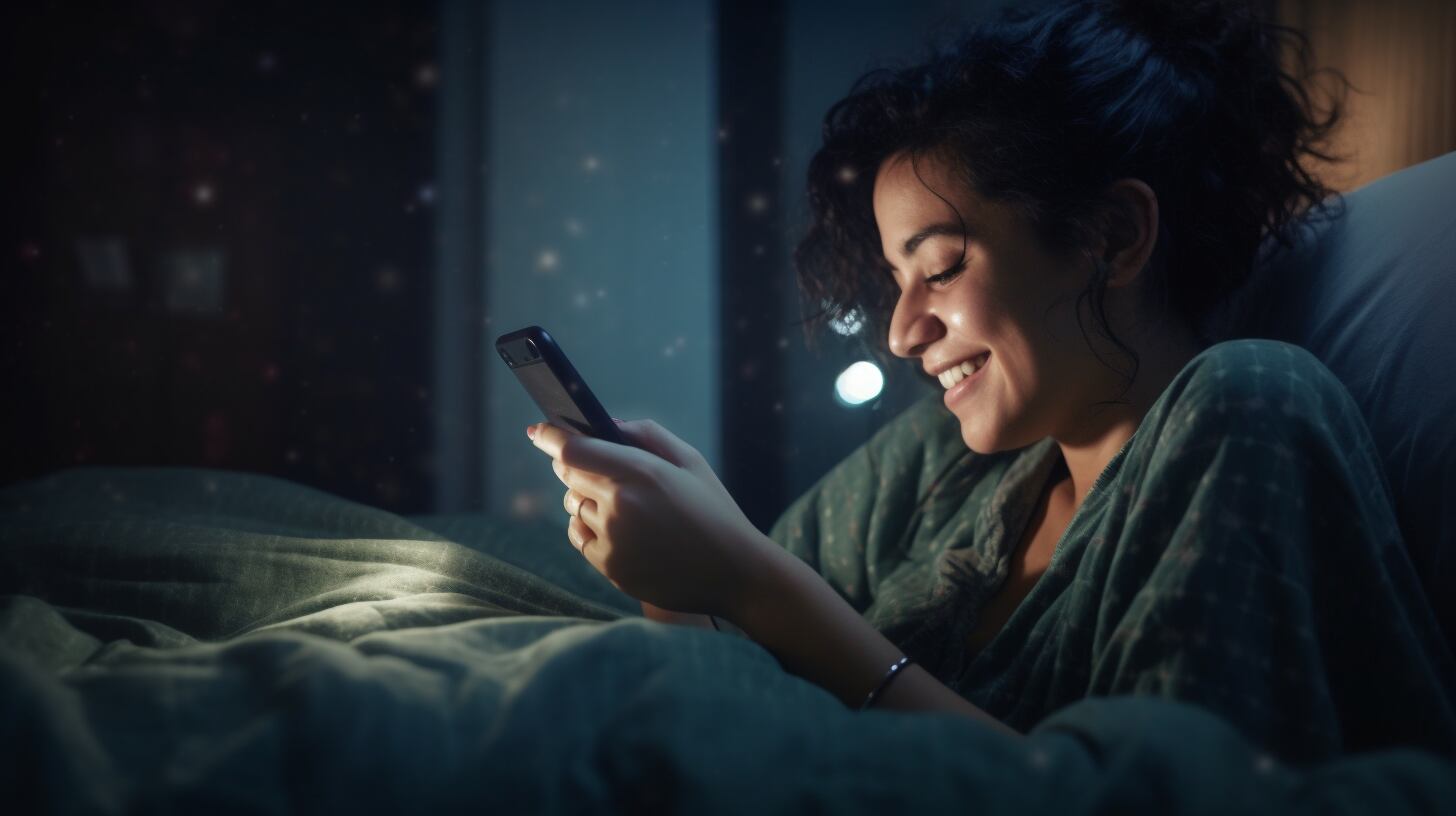 Una mujer observa su teléfono smartphone mientras se sumerge felizmente en una conversación en una aplicación de chat. En esta escena, se perciben las conexiones que trascienden la distancia, el amor que se nutre a través de las palabras y la complicidad que florece incluso en la era digital. App, citas, sexting. (Imagen ilustrativa Infobae)