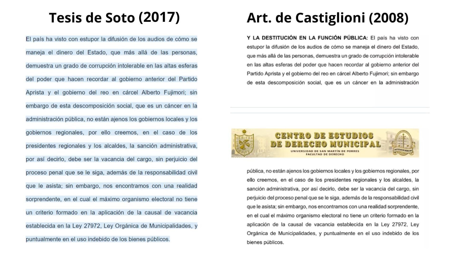 A la izquierda está la página 53 de la tesis doctoral del presidente del Congreso, Alejandro Soto. (Composición Infobae Perú)