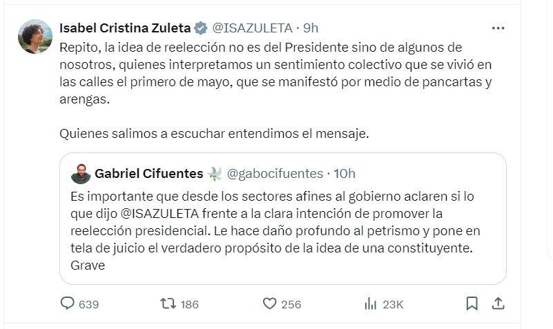 Isabel Zuleta reafirma que la idea de la reelección no es del presidente Petro sino de algunos de sus seguidores - crédito @ISAZULETA