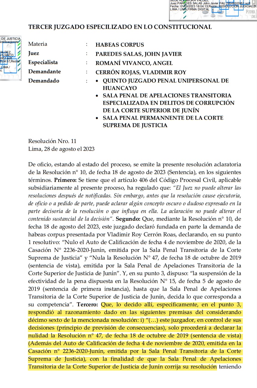 Aclaran sentencia de habeas corpus a favor de Vladimir Cerrón