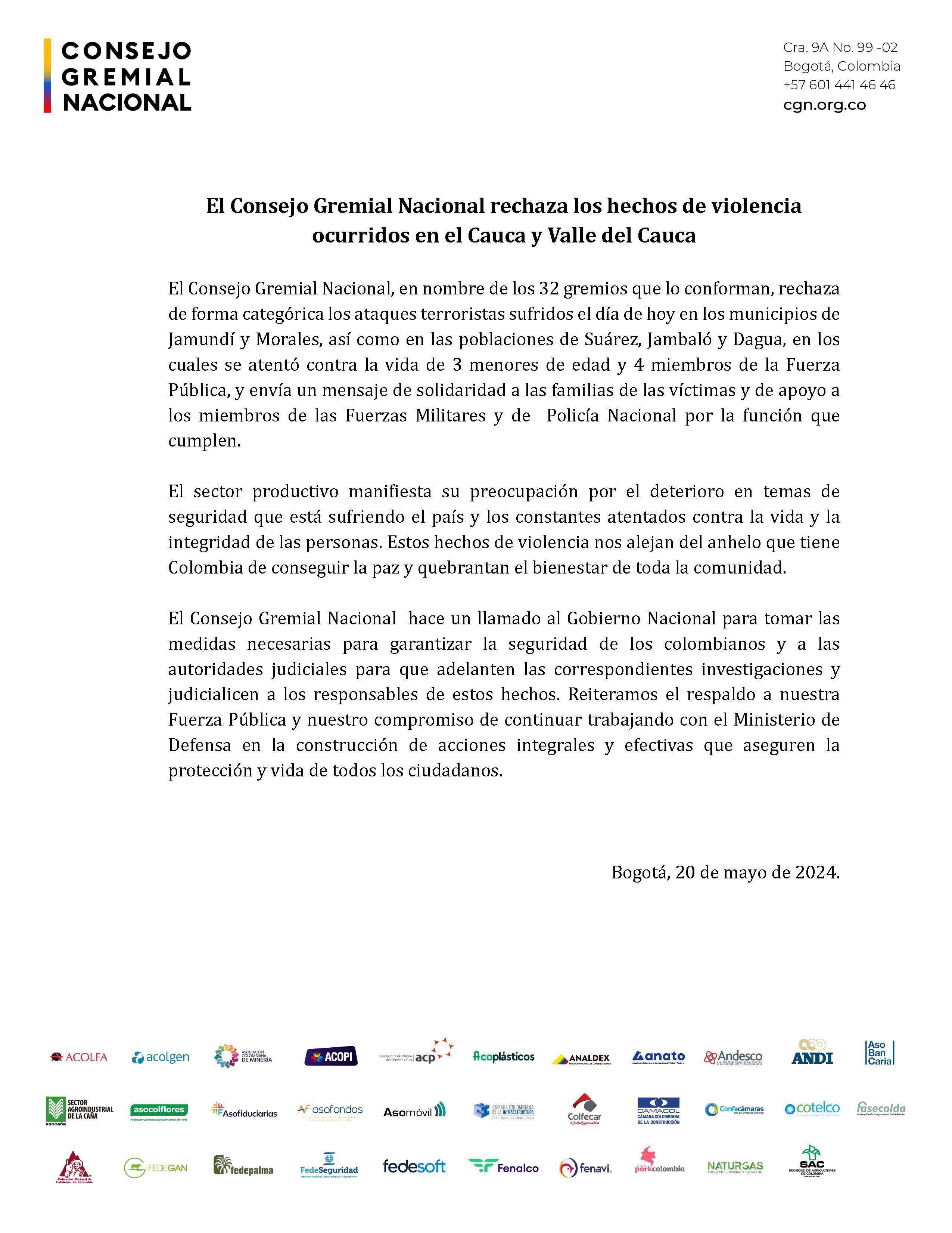 El Consejo Gremial Nacional manifestó su preocupación por el deterioro en temas de seguridad que está sufriendo el país - crédito Consejo Gremial Nacional