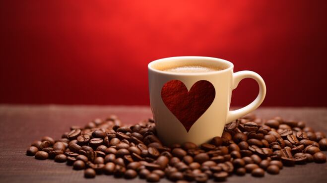 Fotografía de una taza de café rodeada de granos de café dispersos en forma de corazón que hace referencia a la salud, sobre un fondo liso de color vibrante y saturado. La foto captura la esencia del café, con su aroma, sabor y simple belleza. (Imagen ilustrativa Infobae)