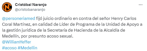 En este trino de X (Twitter), se dio a conocer el caso de presunto acoso sexual en Secretaría de Hacienda de Medellín - crédito @cristobanaranjo