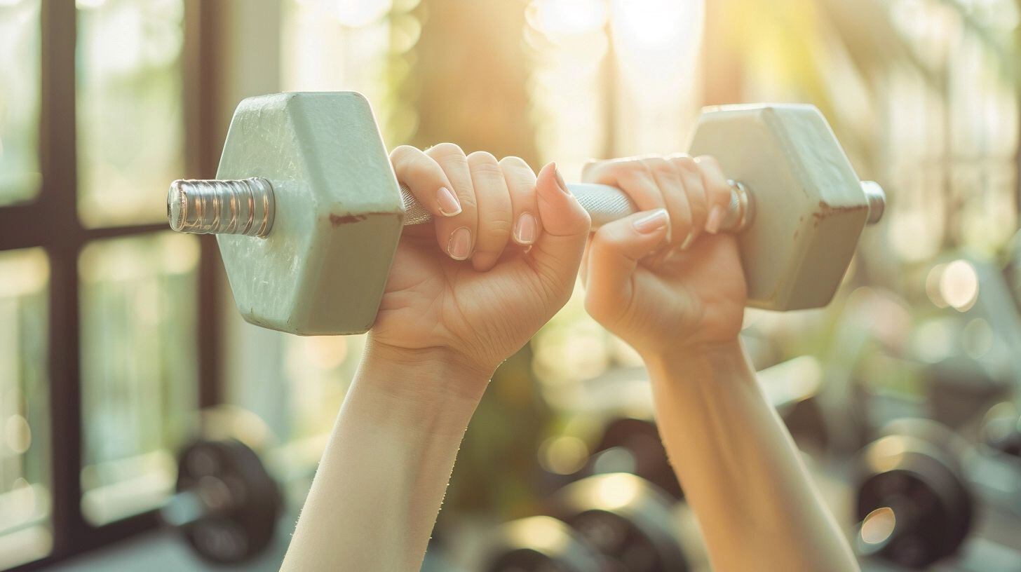 Joven ejercitándose con pesas en el gym, representando la importancia de la actividad física en el interior para la salud y una vida sana. Su esfuerzo subraya el valor del cuidado personal y la constancia en el entrenamiento para alcanzar objetivos de bienestar y fortaleza física, rodeada del ambiente motivador del gimnasio. (Imagen ilustrativa Infobae)