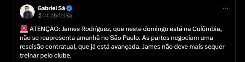 A falta de confirmación, James Rodríguez dejó de ser jugador del Sao Paulo desde julio de 2024 - crédito @OGabrielSa/X