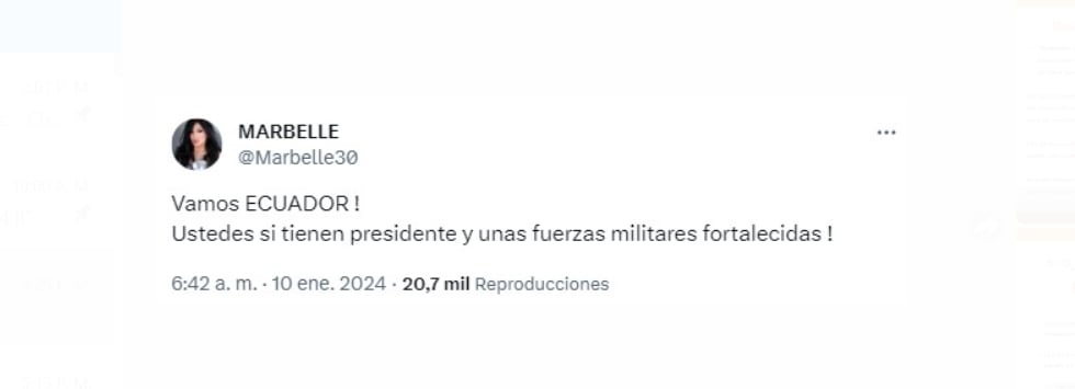 La cantante Marbelle mostró su apoyo a Ecuador tras la ola de violencia que se desató a principios de 2024- crédito @Marbelle30/X