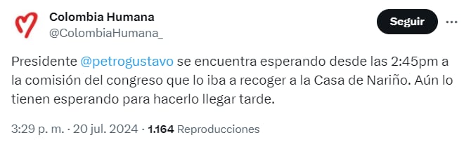 Colombia Humana aseguró que el presidente se presentó puntual para la instalación del Congreso - crédito @ColombiaHumana_/X