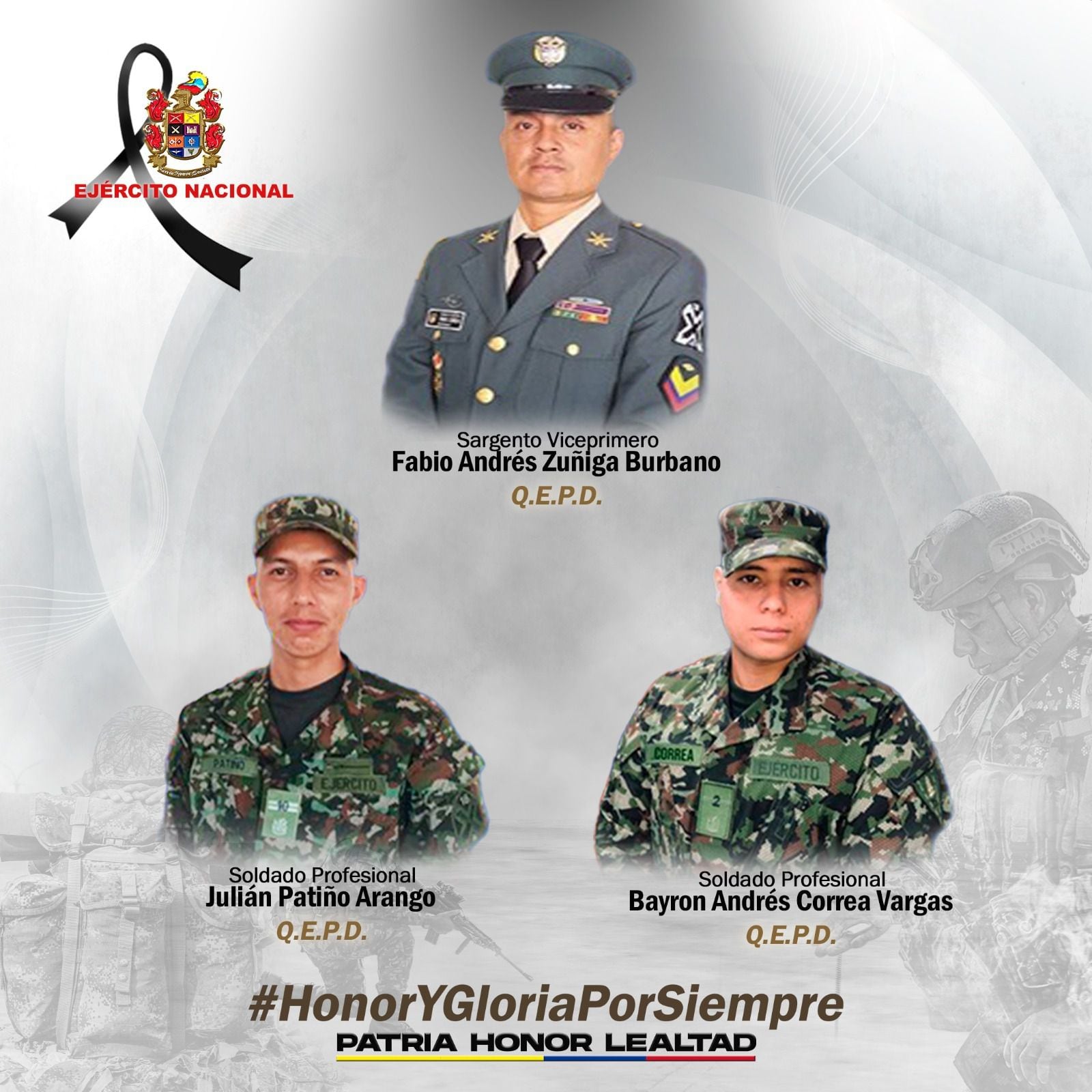 Fabio Andrés Zúñiga Burbano, Bayron Correa Vargas y Julián Patiño Arango son los tres militares que murieron en el ataque del ELN en Arauca. Otros 24 soldados resultaron heridos - crédito @COMANDANTE_EJC/X