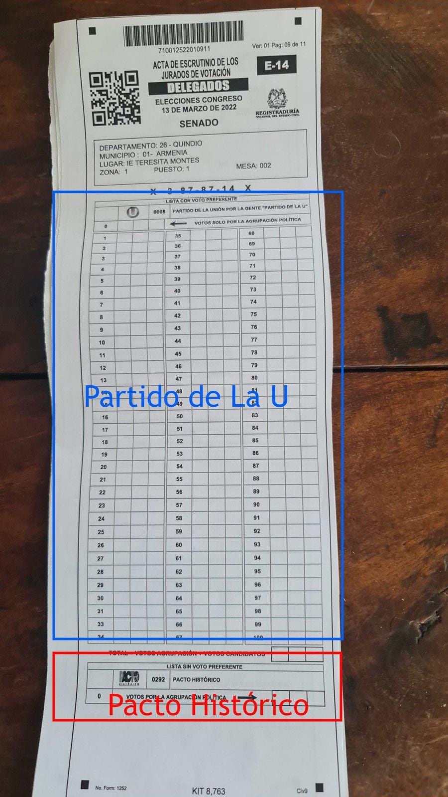 Formulaire E-14 du Pacte historique et du Parti de l'U