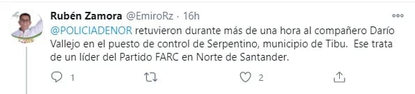 Denuncias sobre detenciones arbitrarias a miembros del partido de las Farc en el Norte de Santander. Foto: Twitter Rubén Zamora.