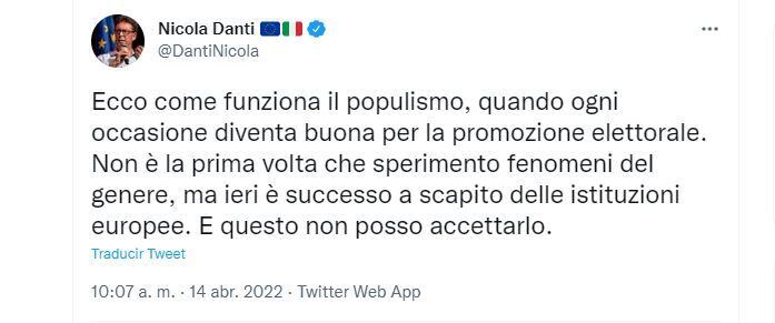 Tuit del representante italiano y liberal, Nicola Danti, del partido Italia Viva
