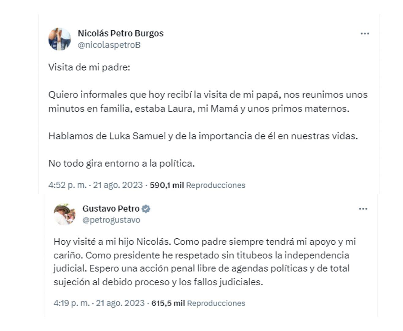 Tanto el presidente como su hijo mayor comentaron la naturaleza de la visita que el primero le hizo al segundo el 21 de agosto. Fotos: @nicolaspetroB/@petrogustavo/X.