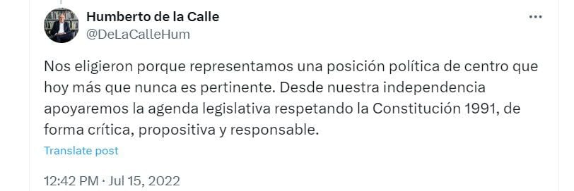 Humberto de la Calle defiende la posición política de Centro - crédito @DeLaCalleHum