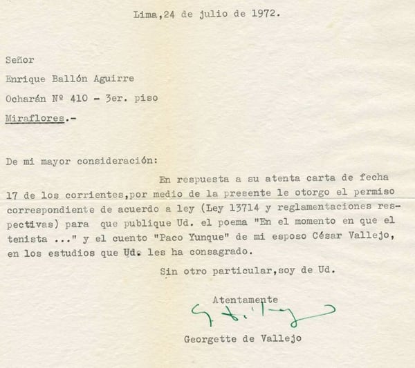 La carta que Georgette Vallejo le entregó a Enrique Ballón Aguirre junto a los manuscritos