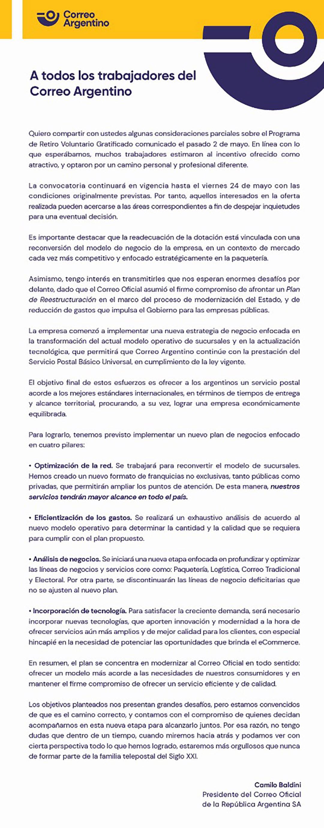 Carta de Correo Argentino Camilo Baldini