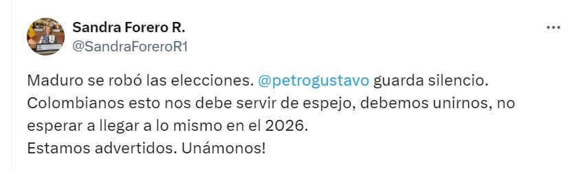 Sandra Forero, expresidenta de Camacol, advirtió que Colombia está cerca de ser como Venezuela - crédito @SandraForeroR1/X