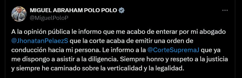 Pronunciamiento de Miguel Polo Polo sobre su caso en la Corte Suprema de Justicia - crédito @MiguelPoloP/X