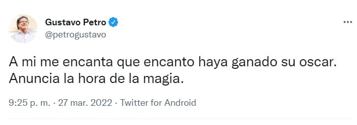 Gustavo Petro reagiert auf den „Encanto“ -Preis