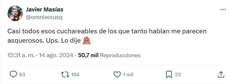 El comentario de Javier Masías hacia los 'cuchareables'. | X