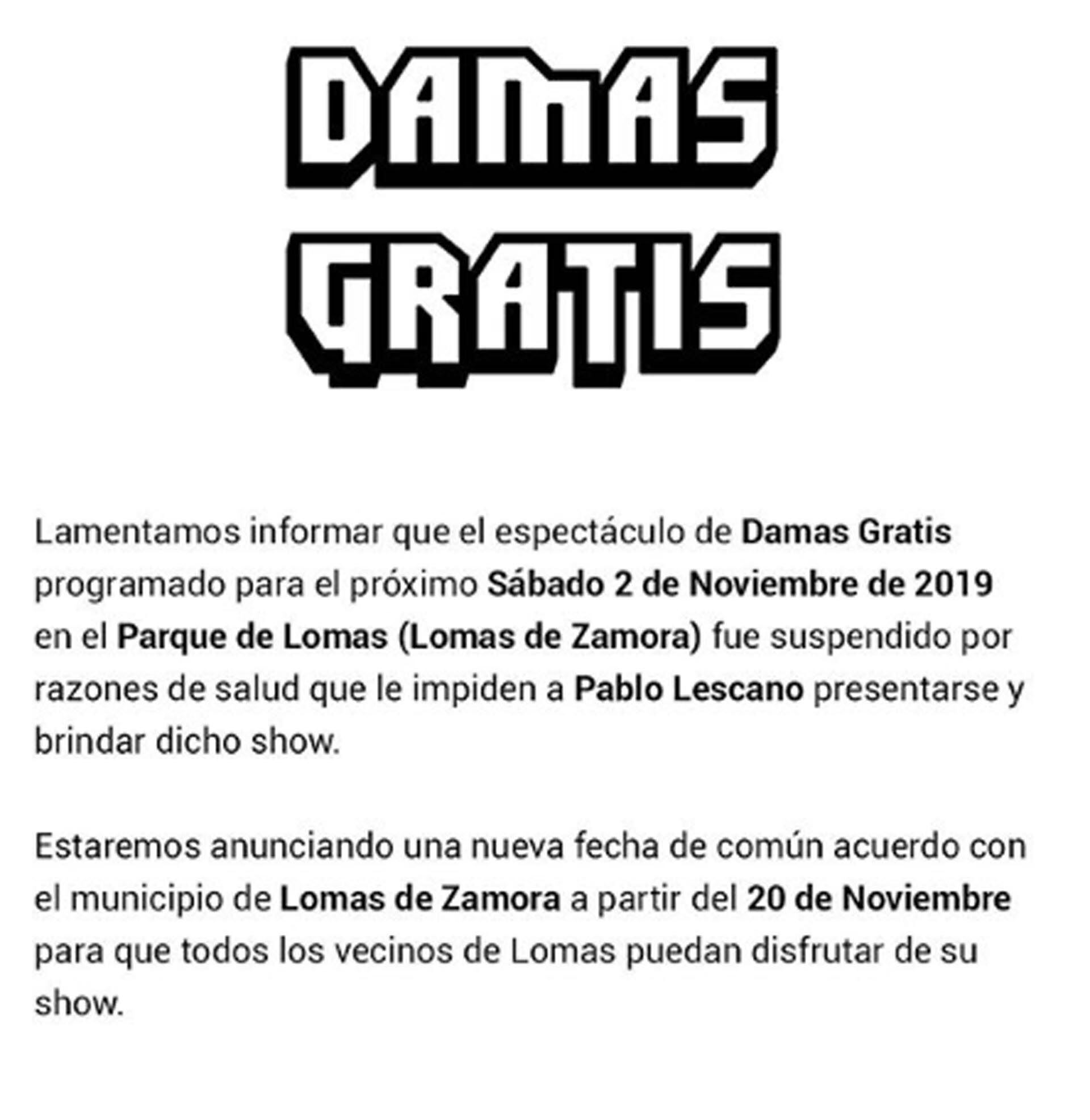 El comunicado que emitió la productora Impronta Music, anunciando la suspensión del show del próximo sábado 