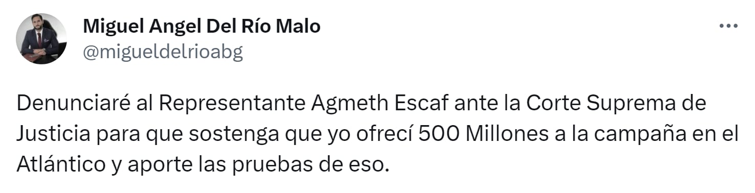 Miguel Ángel del Río anuncia que denunciará a Agmeth Escaf por señalamiento en su contra