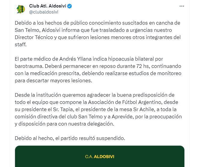 Comunicado Aldosivi lesión Andrés Yllana