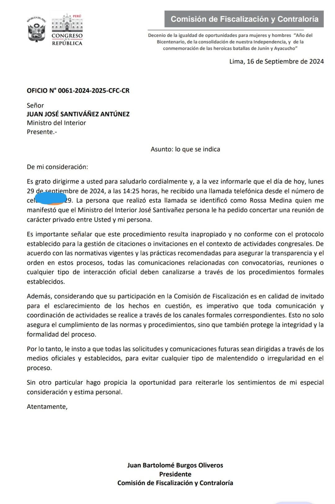 Oficio remitido por el congresista Juan Burgos al titular del Ministerio del Interior. | Panorama