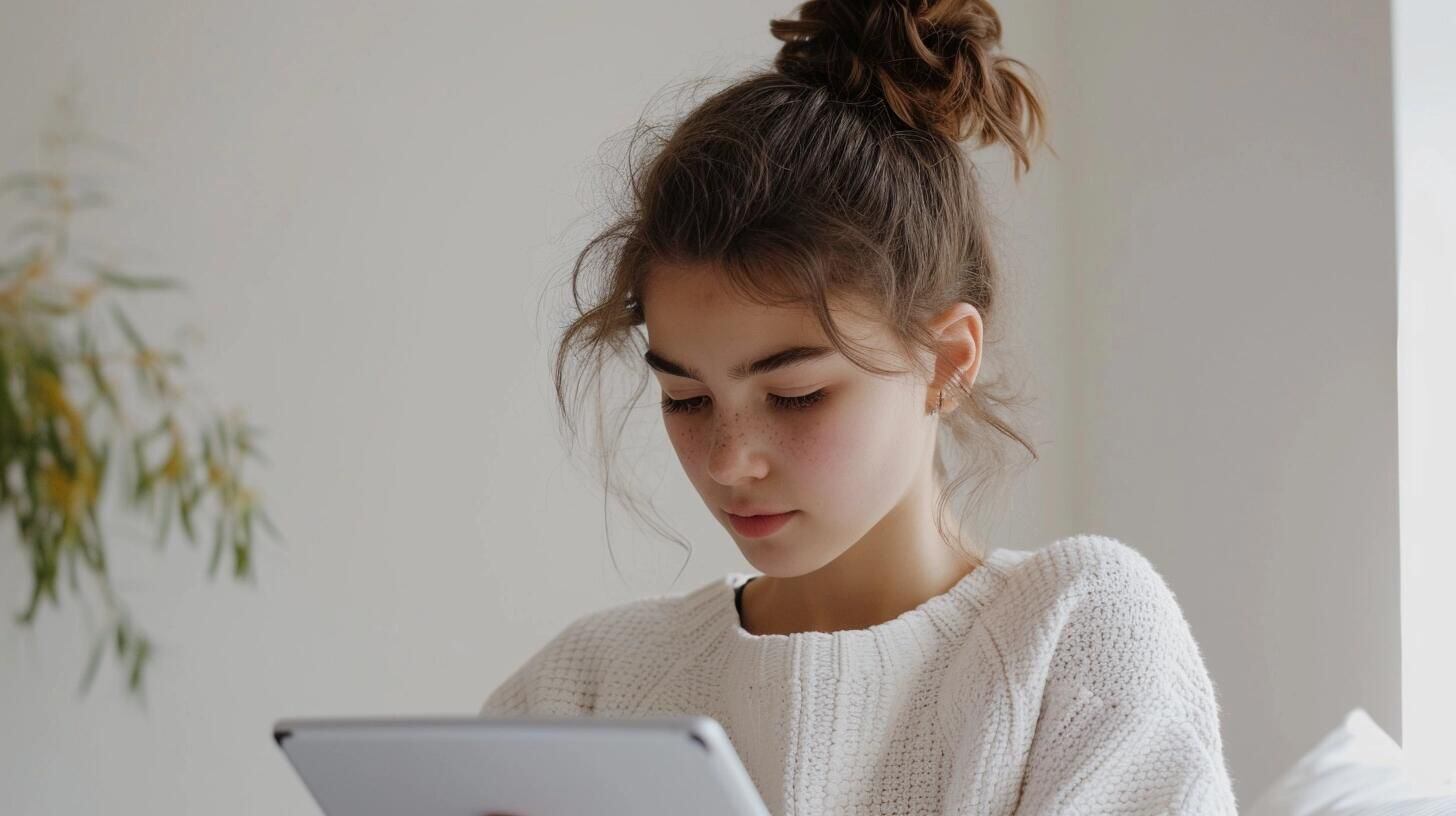 Joven leyendo atentamente en una tablet, sumergida en un ebook. La imagen muestra cómo los libros digitales han abierto nuevas formas de acceder a la literatura, permitiendo a los adolescentes disfrutar de la lectura de cuentos y novelas de una forma más interactiva y moderna. (Imagen ilustrativa Infobae)