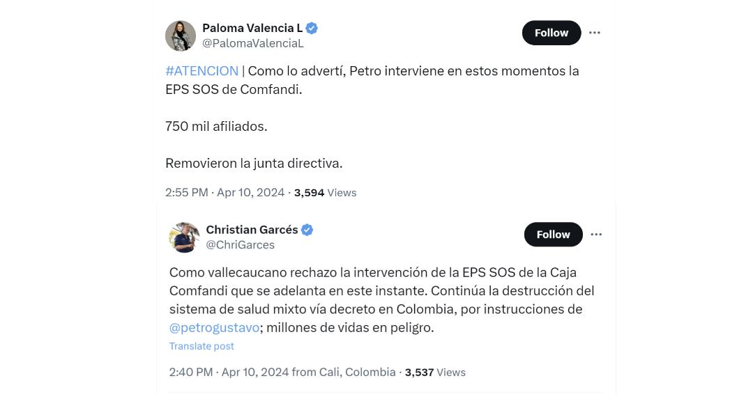 Paloma Valencia y Christian Garcés informaron que la EPS  S.O.S está siendo intervenida - crédito @ChriGarces/X y @PalomaValenciaL/X