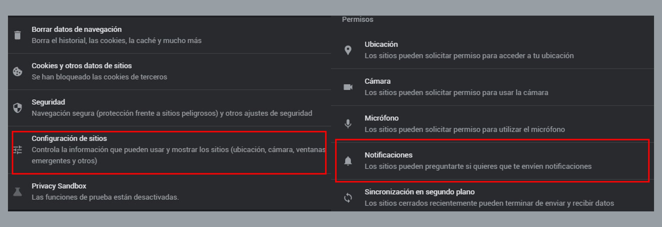 Se puede eliminar el permiso concedido a las notificaciones web push para aparecer en el dispositivo desde la ventana de configuración de Google Chrome. (Captura)