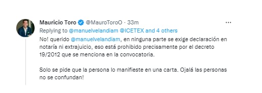 Mauricio Toro, respuesta a Manuel Velandia. Créditos: @MauroToroO. Twitter.