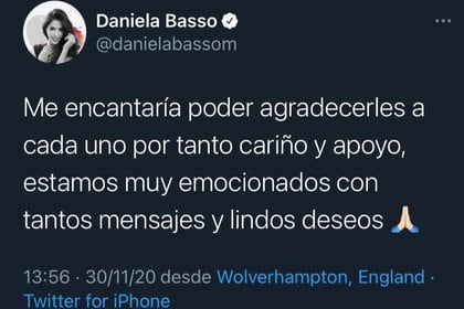 La compañera de jugador Daniela Basso está emocionada con todos los mensajes recibidos (Foto: Twitter @Danilabasom)