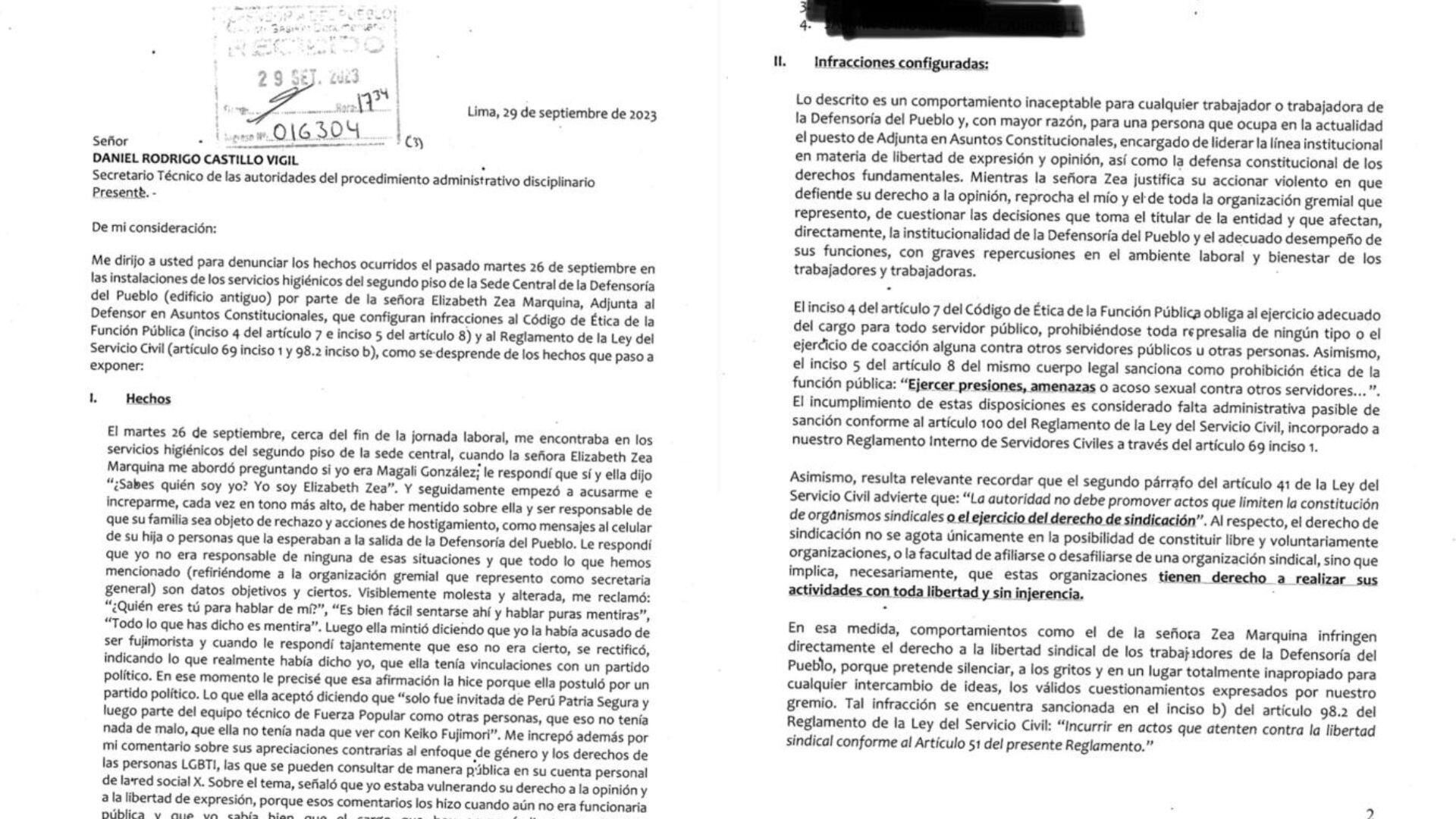 Documento revela amedrentamientos contra secretaria general de la Defensoría del Pueblo. Twitter