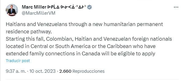 Ministro de Inmigración canadiense anunció que recibirán migrantes colombianos - crédito X Marc Miller