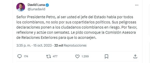 El senador David Luna, de Cambio Radical, cuestionó con este mensaje al presidente Gustavo Petro y su deseo de suspender relaciones con Israel - crédito @lunadavid/X