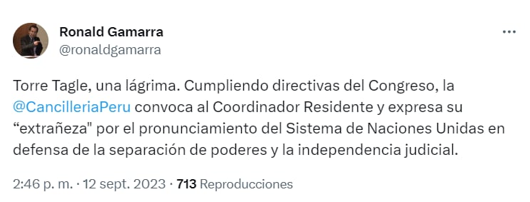 Ronald Gamarra, exprocurador anticorrupción y defensor de derechos humanos, se pronuncia ante comunicado de Cancillería. (Twitter)