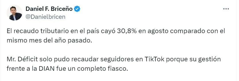 Daniel Briceño, concejal de Bogotá, le echó la culpa a Luis Carlos Reyes por el bajo recaudo de la Dian - crédito @DanielBricen/X