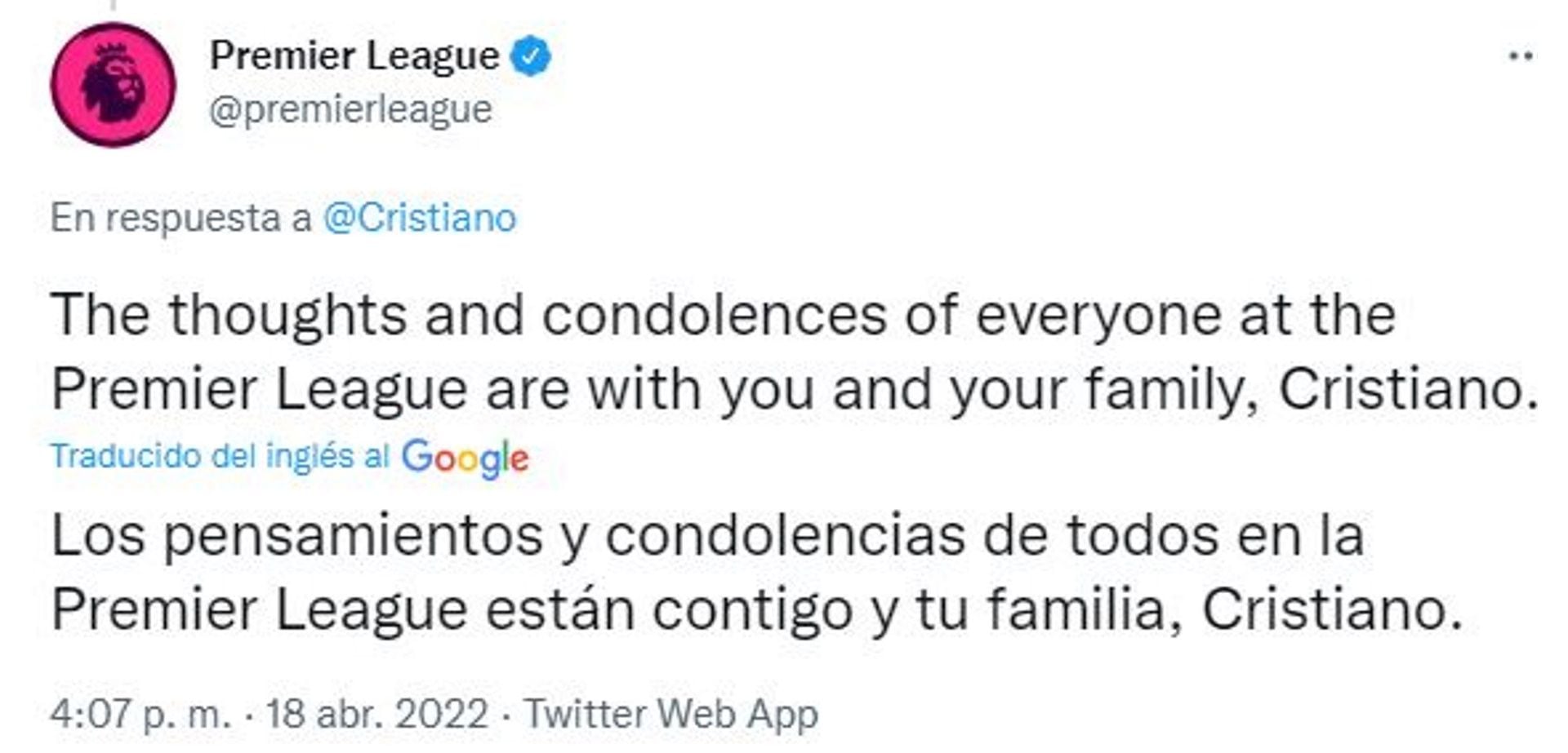 La Premier League, donde Cristiano Ronaldo brilla, le envió un sentido mensaje a Cristiano y su familia