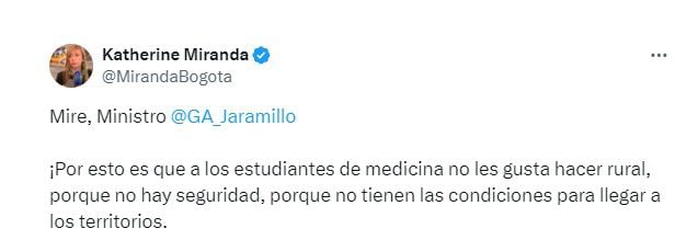 Trino de Katherine Miranda contra el ministro de Salud, Guillermo Alfonso Jaramillo, por el asesinato de un médico. (Captura de pantalla)