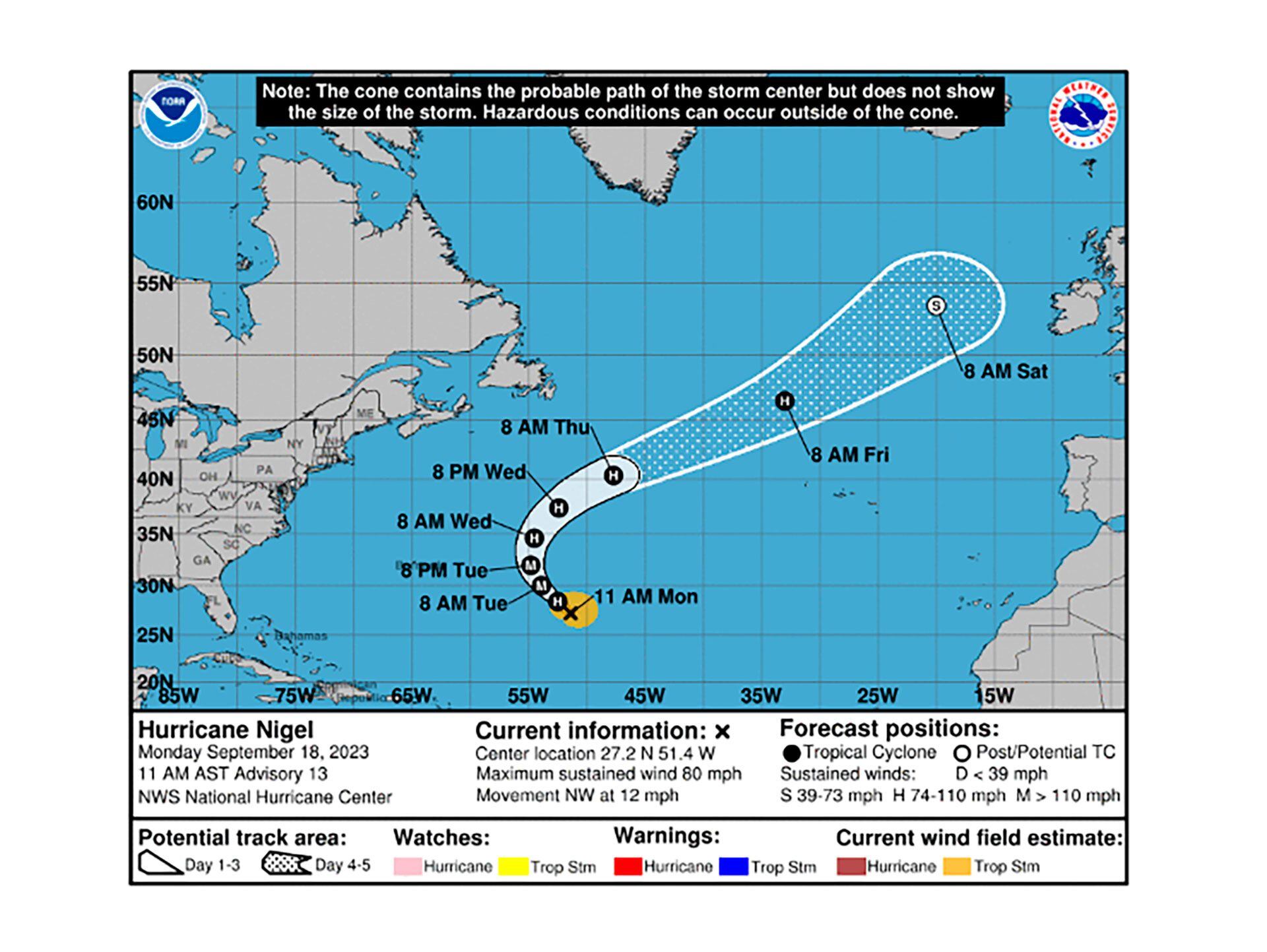 Expertos del Centro Nacional de Huracanes analizan la trayectoria y potenciales efectos del recién formado Huracán Nigel en regiones del Atlántico. (NATIONAL HURRICANE CENTER)