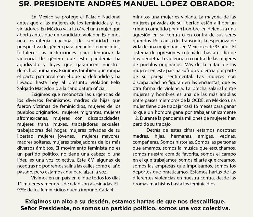 Carta a AMLO: Señor presidente, en México se protege el Palacio Nacional  antes que a las mujeres de los feminicidas y violadores, 8M: Día de la  Mujer