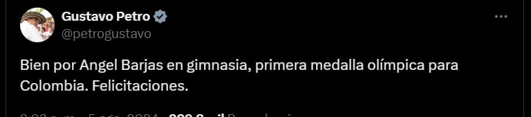 Palabras del presidente Gustavo Petro por la medalla de plata de Ángel Barajas - crédito @petrogustavo/X