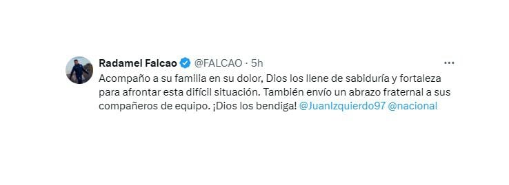 Mensajes de condolencia por la muerte del defensa uruguayo Juan Izquierdo. (Crédito: @FALCAO / X)