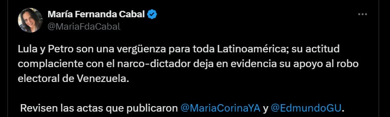 Crítica de María Fernanda Cabal a Gustavo Petro y Lula da Silva - crédito @MariaFdaCabal/X